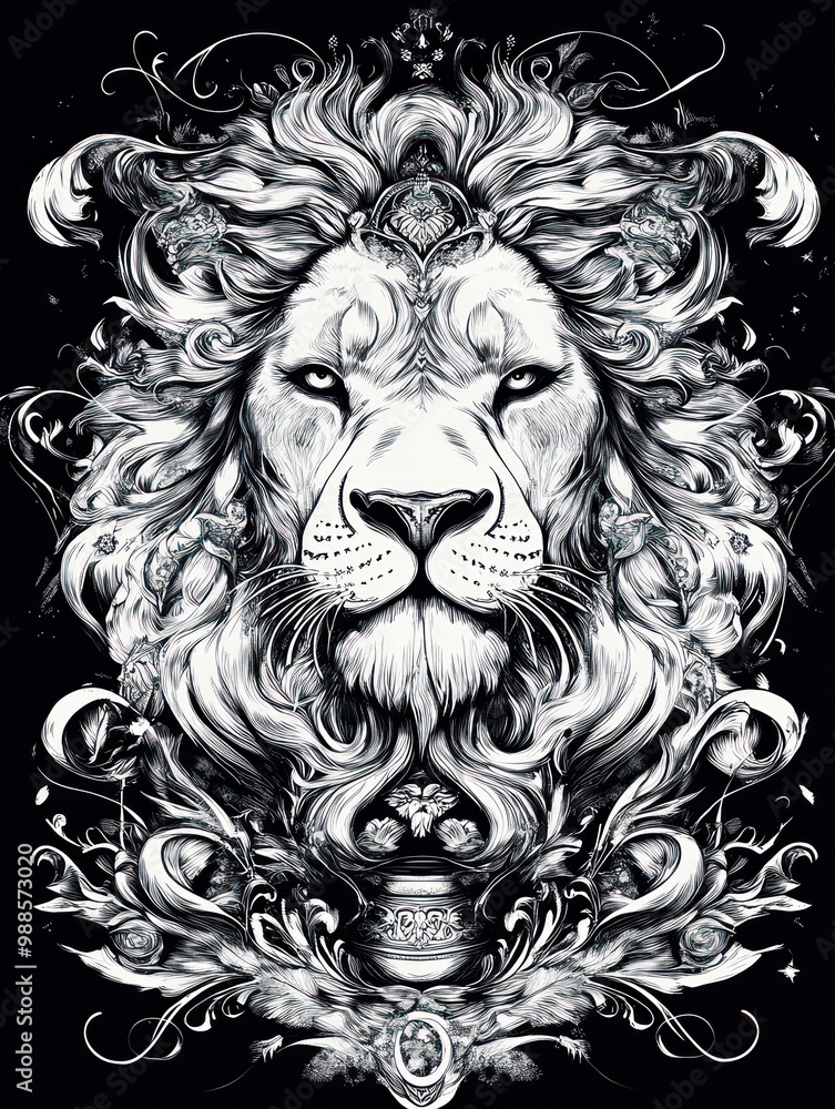 A majestic lion with a powerful presence, its mane flowing with intricate floral patterns, creating a striking visual of strength and beauty. A majestic lion with a powerful presence, its mane flowing with intricate floral patterns, creating a striking visual of strength and beauty.