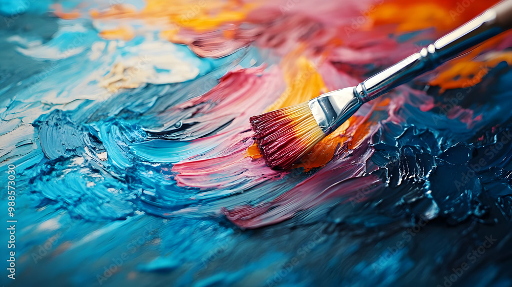 Obraz premium Vibrant brush strokes on canvas showcase colorful paint blending in an artistic creation.