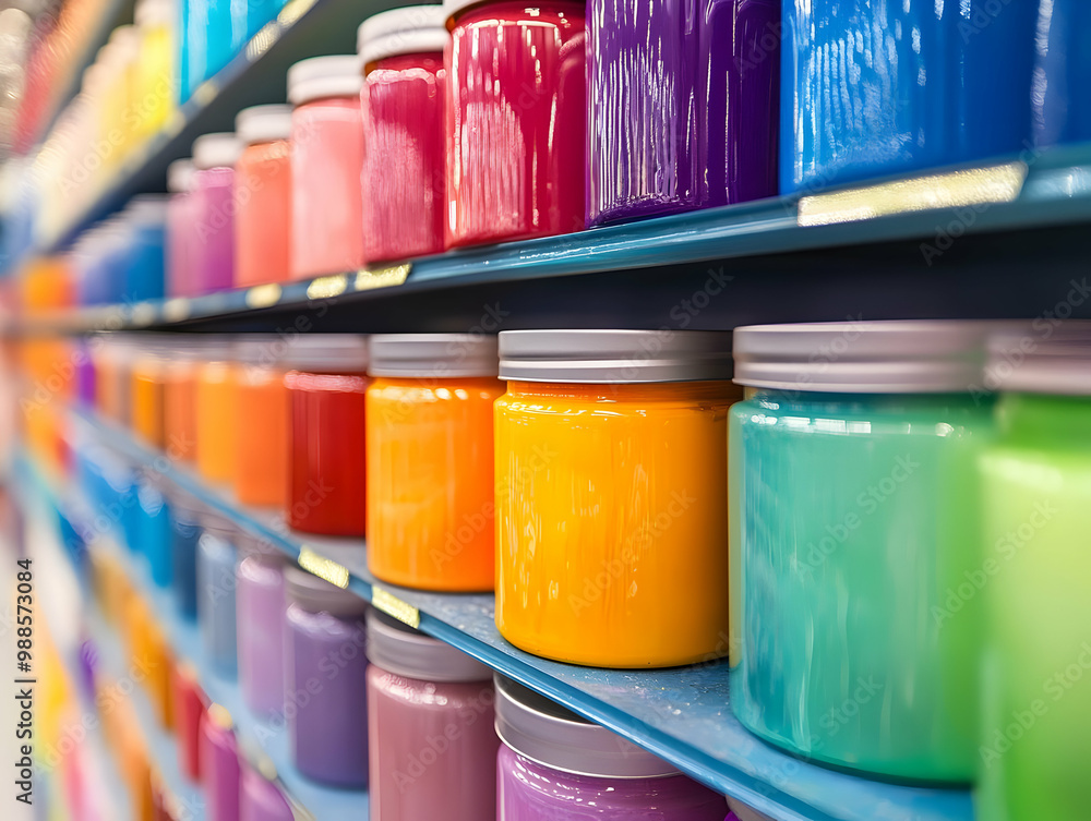 Vibrant display of paint jars arranged on shelves, showcasing a variety of colors in an art supply store. Vibrant display of paint jars arranged on shelves, showcasing a variety of colors in an art supply store.