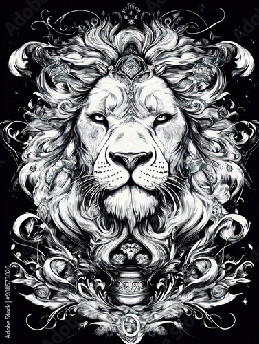 A majestic lion with a powerful presence, its mane flowing with intricate floral patterns, creating a striking visual of strength and beauty.