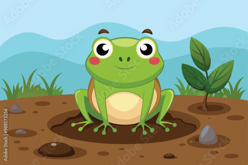 A cartoon frog happily sits in soil with plants and stones around it, enjoying its sunny environment, a cartoon character Frog in the soil