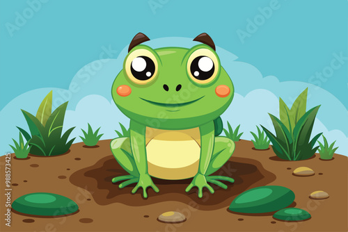 A cute frog sits in the soil, enjoying the sunny day among grass and stones, a cartoon character Frog in the soil