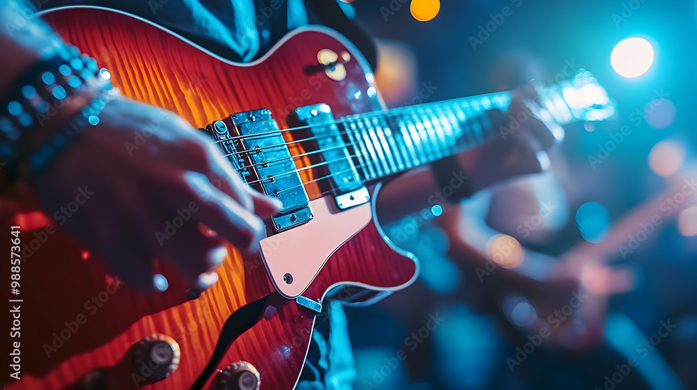 Obraz premium Close-up of a guitarist playing an electric guitar at a vibrant live music event.
