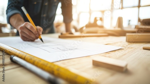 A close-up of an architect sketching plans on paper with wooden tools and a tape measure in a bright workspace.