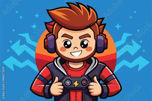 A cartoon gamer character happily poses with a game controller, set against a bright blue background, a cartoon character gamer