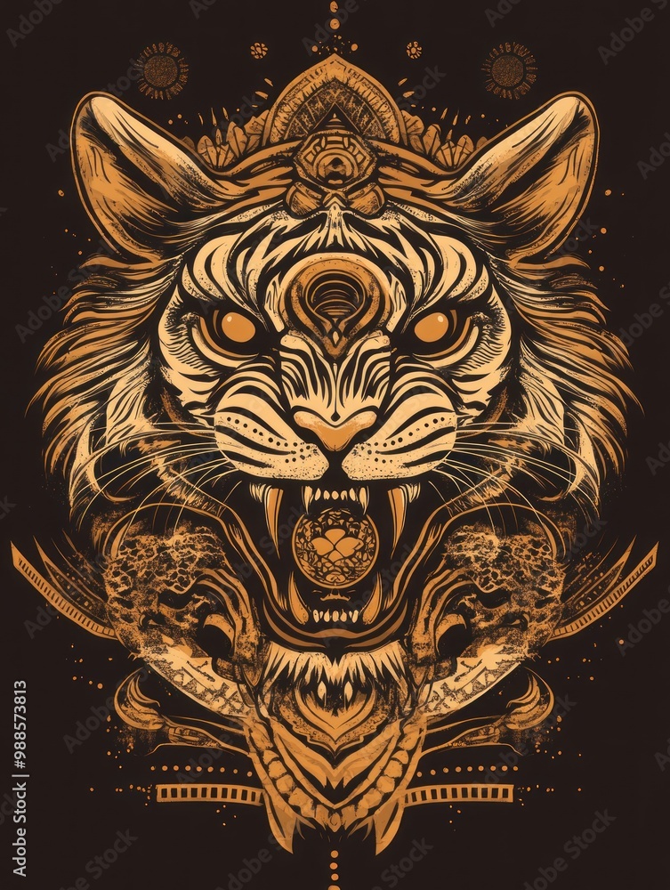 A fierce tiger with a snarling expression and glowing eyes, surrounded by intricate patterns and symbols on a dark background. A fierce tiger with a snarling expression and glowing eyes, surrounded by intricate patterns and symbols on a dark background.