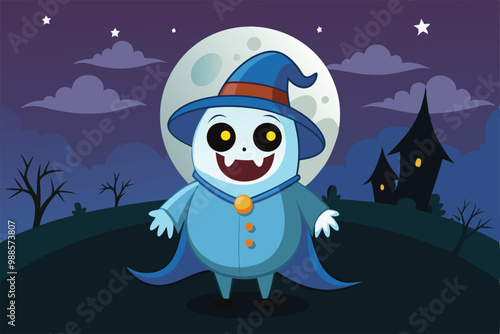 A friendly ghost enjoys the night beside a full moon and spooky houses, wearing a blue outfit and smiling widely, a cartoon character ghost