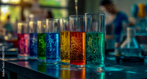 A row of beakers with colorful liquids of varying hues and shapes, arranged on an industrial lab table. photo