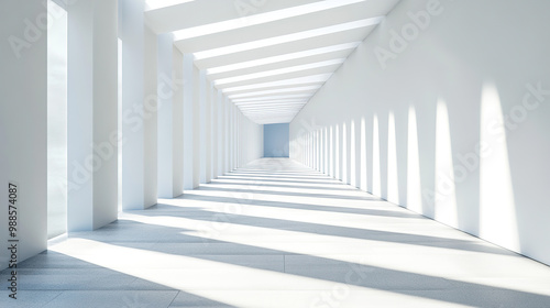 3D rendering of space architecture, warm sunlight filtering into the interior, soft shadows, no reflections, wide angle view, white background.