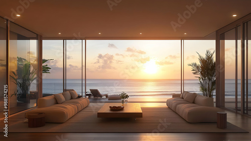 Coastal Living Room Interior Design - 3D Illustration photo