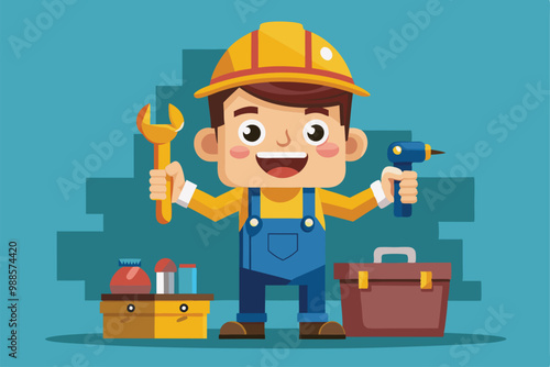 The cartoon handyman holds a wrench and drill, excited to begin his repair work, a cartoon character handyman with toolbox