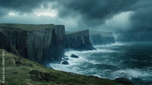 A remote, windswept coastline with rugged cliffs and dramatic rock formations jutting out into the sea under a stormy sky.