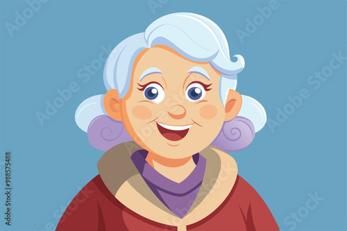 An animated elderly woman smiles warmly, radiating happiness in her colorful attire, a cartoon character happy old woman