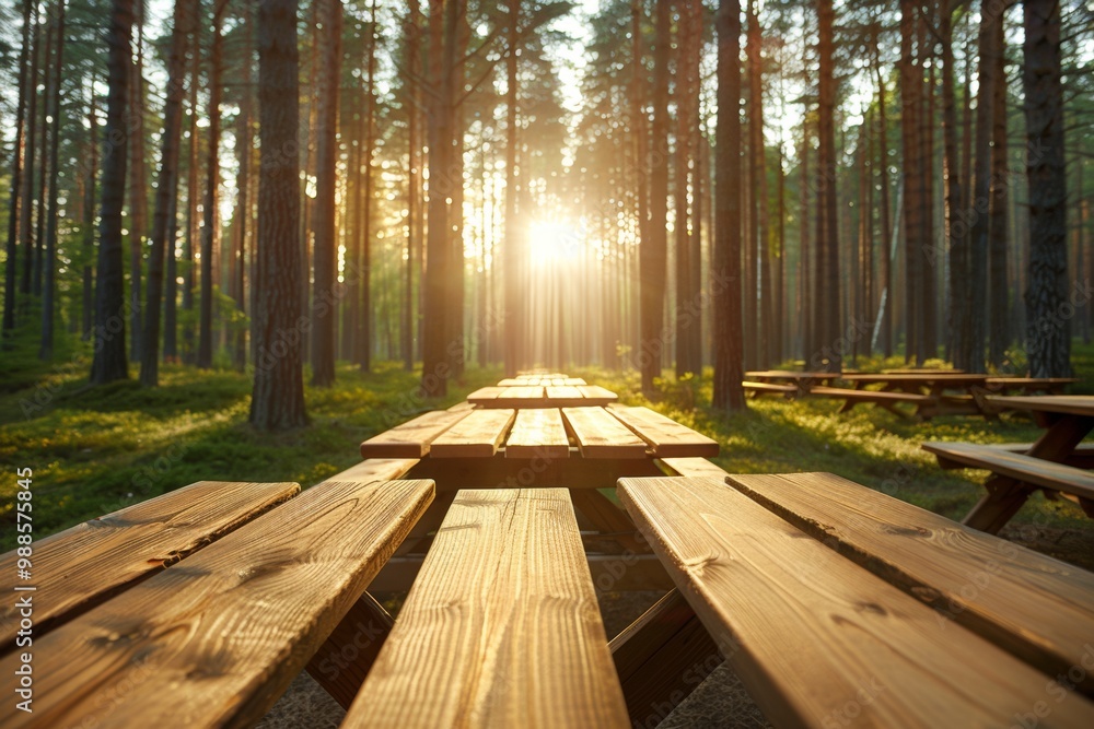 Wooden picnic tables in a forest setting, bathed in golden sunlight. Wooden picnic tables in a forest setting, bathed in golden sunlight.