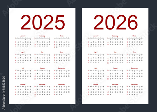 Simple editable vector calendars for year 2025, 2026. Week starts from Sunday. Vertical. Isolated vector illustration on white background.