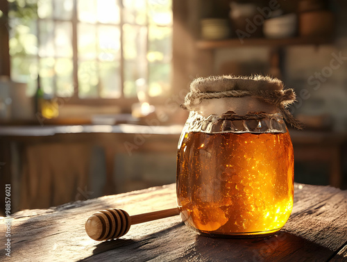 A jar of golden honey on a wooden table, with a honey dipper beside it, set against a warmly lit kitchen background. photo