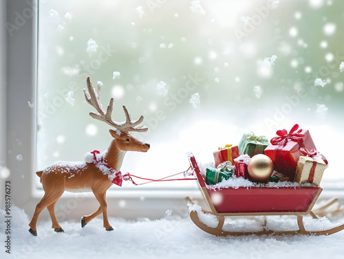 Festive reindeer with a sleigh full of colorful presents on a snowy window sill. photo