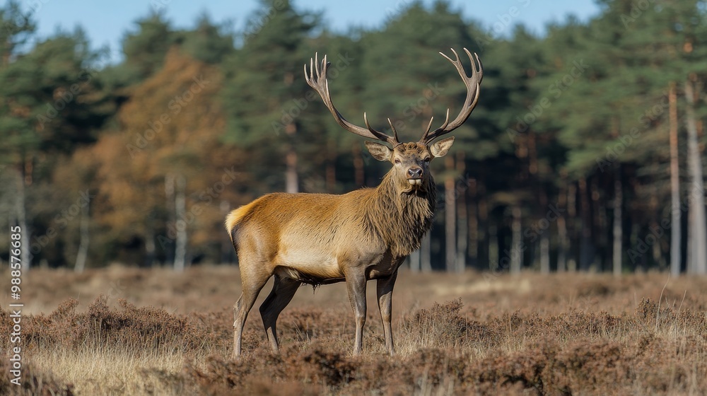 Fototapeta premium Majestic Red Deer Stag with Large Antlers Standing Proudly in an Autumn Heath Landscape