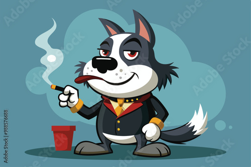 A cartoon dog in a tuxedo confidently smokes while striking a relaxed pose in a modern environment, a cartoon character Illustration of a smoked junkie dog