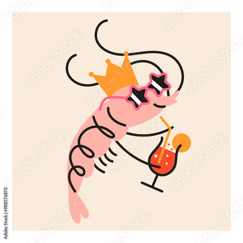 Cute  shrimp in party hat with cocktail. Hand drawn vector illustration. Funny animal isolated. Naive childish design. Cool comic character, restaurant poster, card, social media banner.
