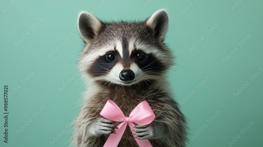 Obraz premium Raccoon Holding a Pink Ribbon on a Green Background