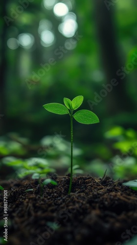 Seedlings grow on nature forest background