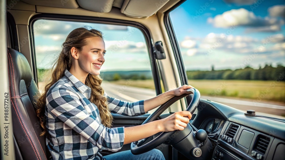 Naklejka premium A young woman confidently driving a truck on a highway.