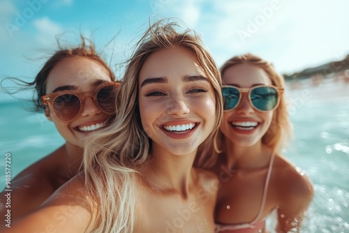 Best friends having fun on beach holiday, Generative AI