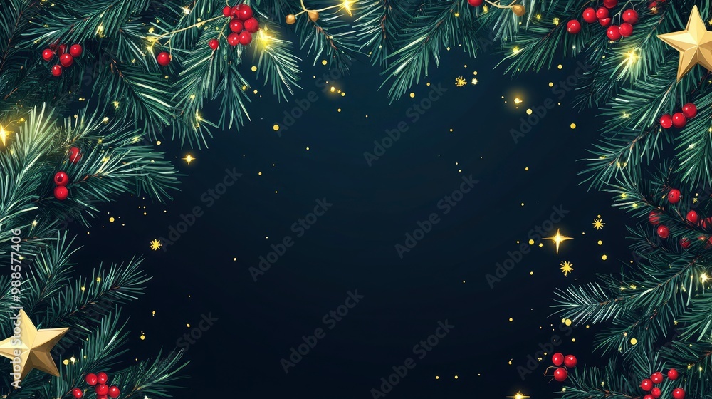 Christmas garland long banner. Green fir branches with glitter light, golden stars and red berries border. Xmas evergreen plant frame. Winter Holiday background. with generative ai Christmas garland long banner. Green fir branches with glitter light, golden stars and red berries border. Xmas evergreen plant frame. Winter Holiday background. with generative ai