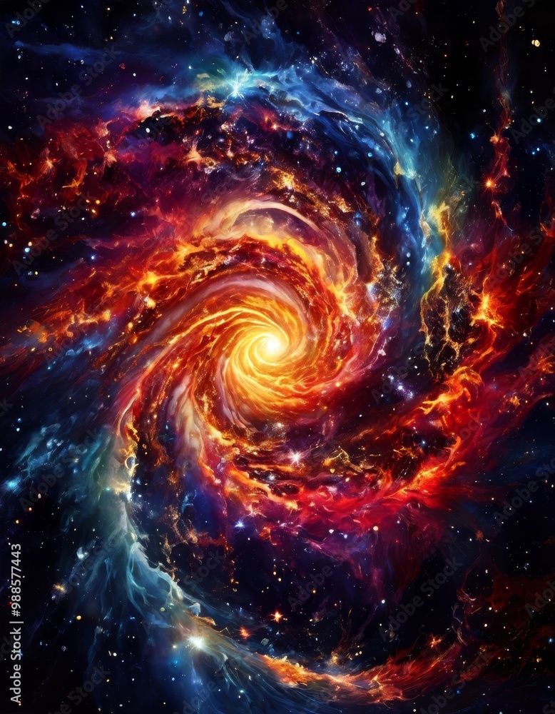 Obraz premium A stunning spiral galaxy glowing with fiery red, yellow, and blue hues, swirling in deep space. The dynamic motion of cosmic gases and stars creates a dramatic visual of a galaxy in motion.. AI