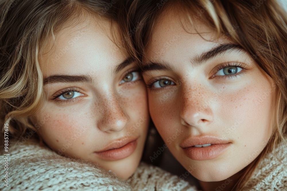 two best friends leaning on each other and looking at the camera, free time, spare time, close up portrait, Generative AI two best friends leaning on each other and looking at the camera, free time, spare time, close up portrait, Generative AI