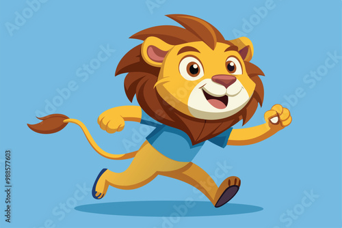 A cartoon lion enthusiastically runs and leaps with a big smile on a bright blue background, a cartoon character lion running and jumping