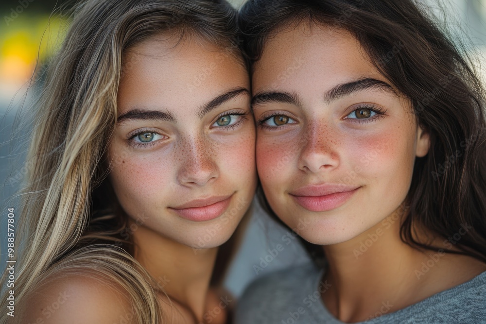 two best friends leaning on each other and looking at the camera, free time, spare time, close up portrait, Generative AI two best friends leaning on each other and looking at the camera, free time, spare time, close up portrait, Generative AI
