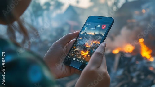 A close-up of a person using a smartphone, with an emergency alert about an incoming natural disaster notification on the screen, highlighting the importance of technology in disaster reduction photo