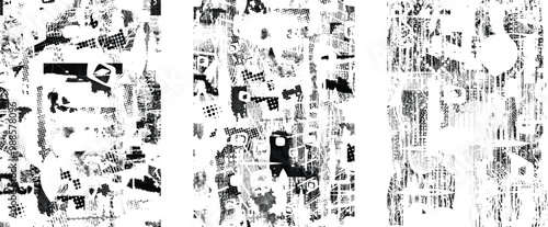 Set of glitch distorted grunge overlay textures. Collection of overlaying textures with halftone dots, scratches and lines .Screen print vector layers pack. Overlays with grunge textured surface
