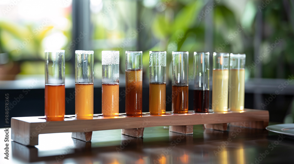 Test tubes rack holding various consommés. Molecular gastronomy lab setting. Test tubes rack holding various consommés. Molecular gastronomy lab setting.