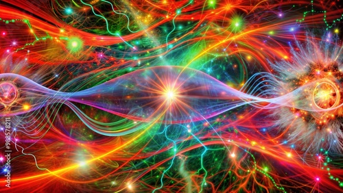 Abstract wave of time flowing through neurons and space, connecting mind and physics together
