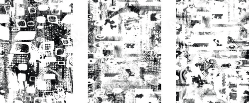 Set of glitch distorted grunge overlay textures. Collection of overlaying textures with halftone dots, scratches and lines .Screen print vector layers pack. Overlays with grunge textured surface