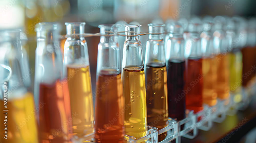 Test tubes rack holding various consommés. Molecular gastronomy lab setting. Test tubes rack holding various consommés. Molecular gastronomy lab setting.