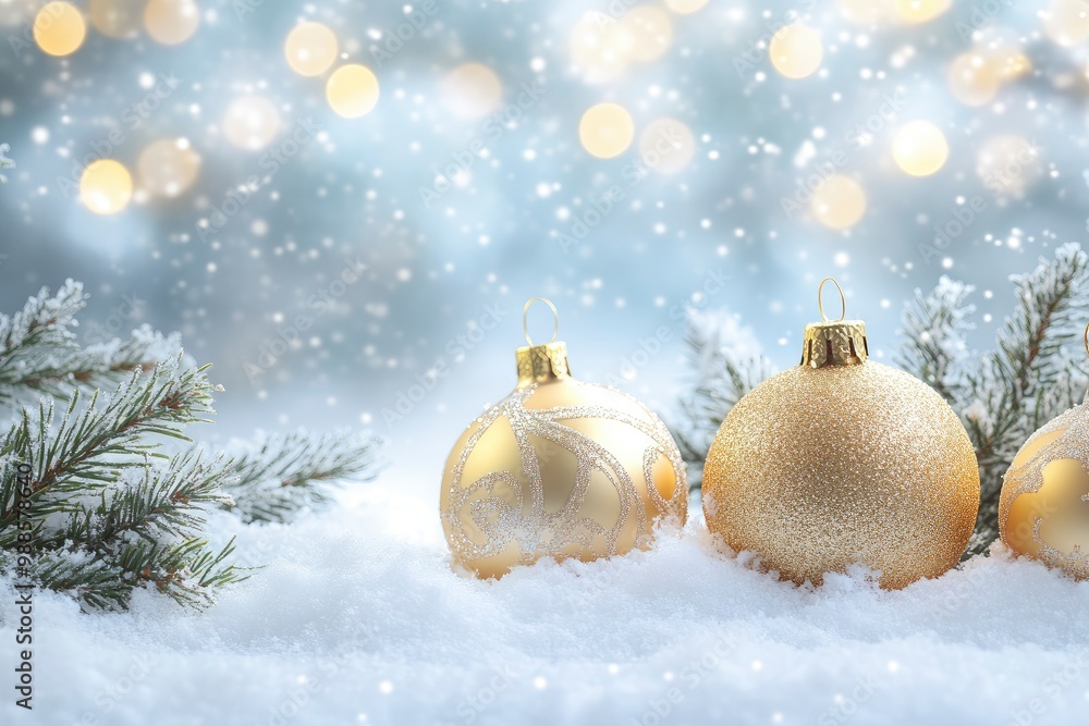 Christmas gold decorations on snow with fir tree branches and christmas lights. Winter Decoration Background with generative ai Christmas gold decorations on snow with fir tree branches and christmas lights. Winter Decoration Background with generative ai