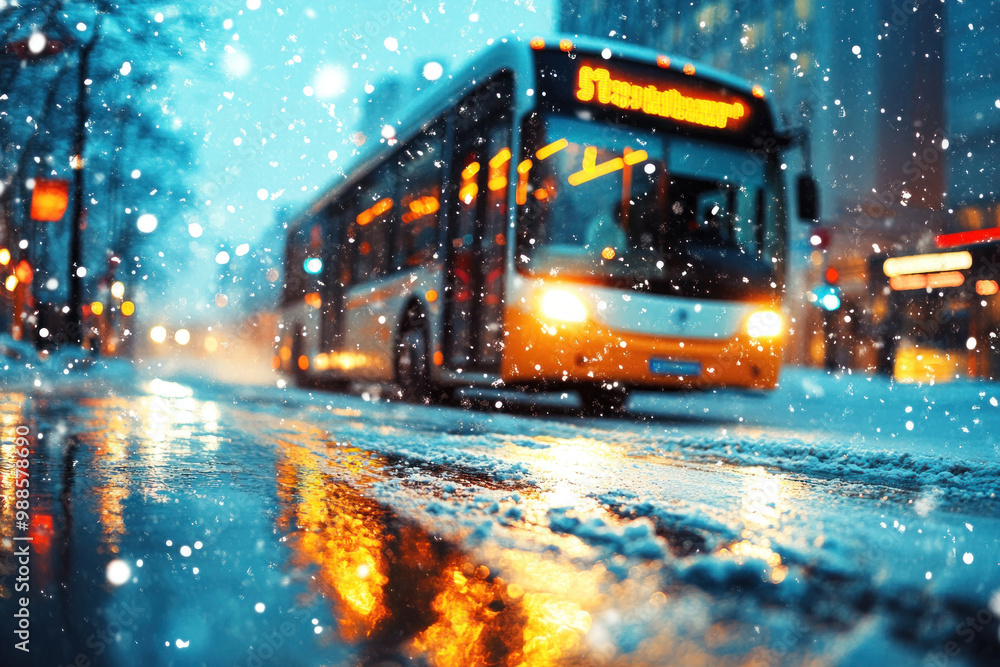 A city bus driving through a snowy street, passengers inside, icy road conditions, winter city scene A city bus driving through a snowy street, passengers inside, icy road conditions, winter city scene