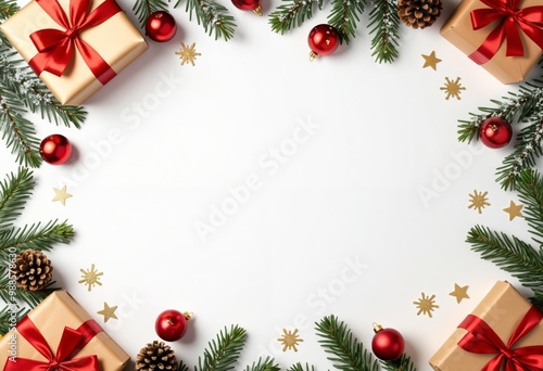 christmas gifts on a white background with fir branches