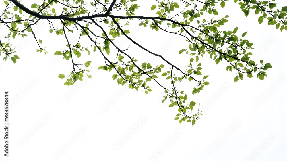 Tree Branch with New Green Leaves Against a White Background Tree Branch with New Green Leaves Against a White Background