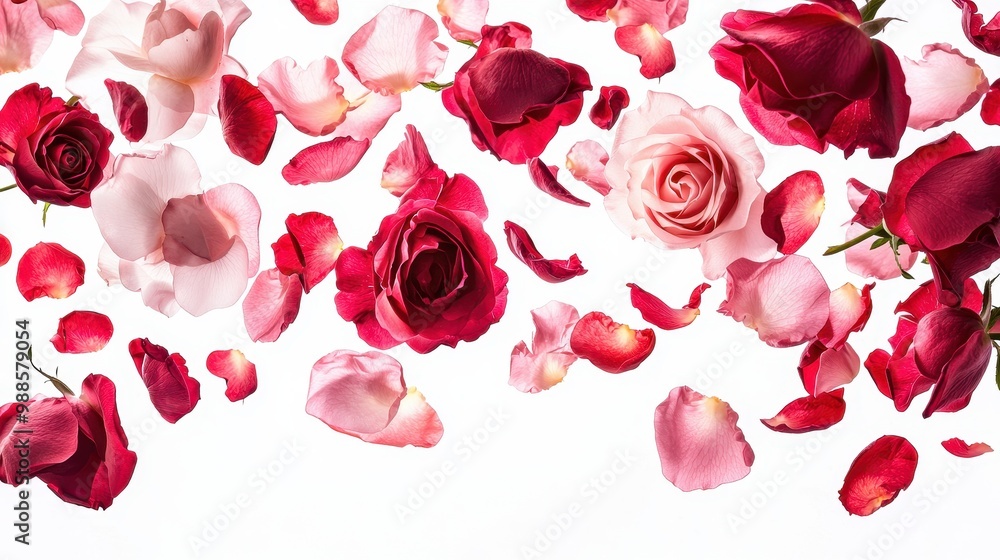 Fototapeta premium Pink rose petals in mid-air, gently falling and scattered, isolated on a clean white background.