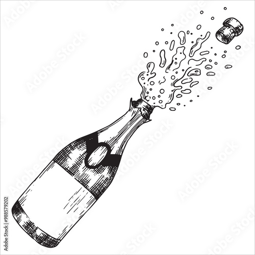 festive bottle of champagne with splashes. vector illustration in sketch style. celebration, new year, wedding