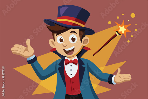 The cartoon magician smiles and gestures, showcasing his magical abilities against a colorful backdrop, a cartoon character Magician Showing Hand Gesture