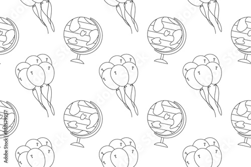 Black and white LGBT-themed coloring page featuring a globe and balloons. A creative, peaceful design for both kids and adults.