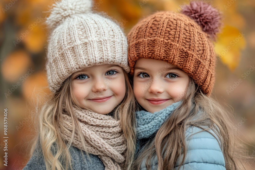 Two girls friends with hats hugging. Autumn, Generative AI Two girls friends with hats hugging. Autumn, Generative AI