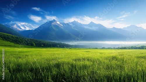 Breathtaking view of lush green fields with majestic mountains in the background under a clear blue sky. Ideal for nature lovers and outdoor enthusiasts seeking tranquility.