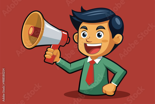 A cheerful character speaks into a megaphone, sharing exciting news with enthusiasm, a cartoon character Men holding megaphone